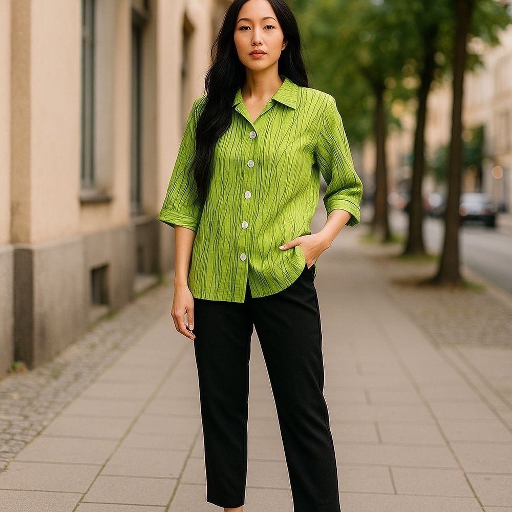 New PECK AND PECK Tunic Top Green Women’s S Buttons Lagenlook Artsy Blouse